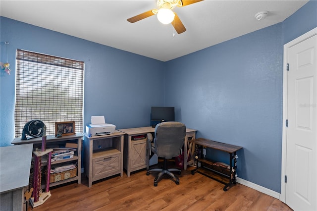 11449 Crestlake Village Dr, Riverview, FL 33569 - office space featuring baseboards, a ceiling fan, and wood finished floors