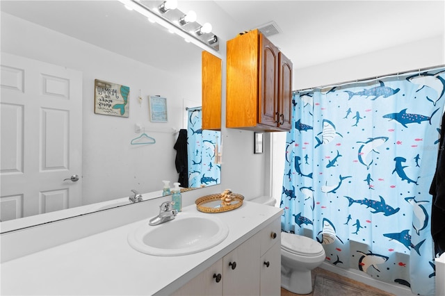 11449 Crestlake Village Dr, Riverview, FL 33569 - full bathroom with visible vents, vanity, a shower with shower curtain, and toilet