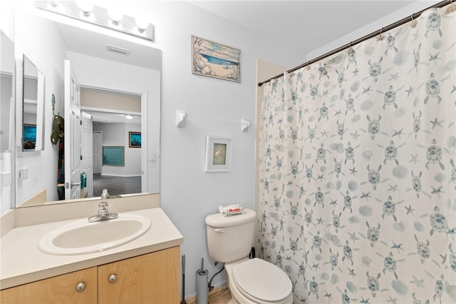 11449 Crestlake Village Dr, Riverview, FL 33569 - bathroom with visible vents, curtained shower, vanity, and toilet