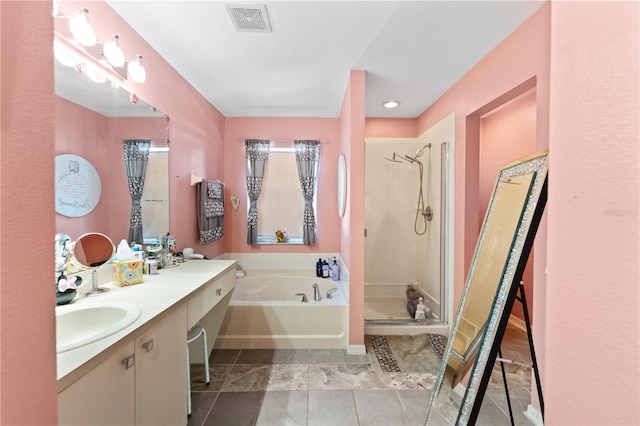 11449 Crestlake Village Dr, Riverview, FL 33569 - full bath featuring a bath, vanity, visible vents, and a shower stall