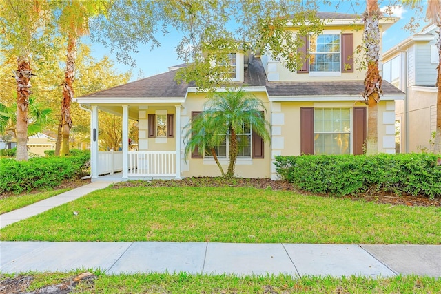 20121 Bending Creek Pl, Tampa, FL 33647 - view of front of property with a shingled roof, stucco siding, covered porch, and a front yard