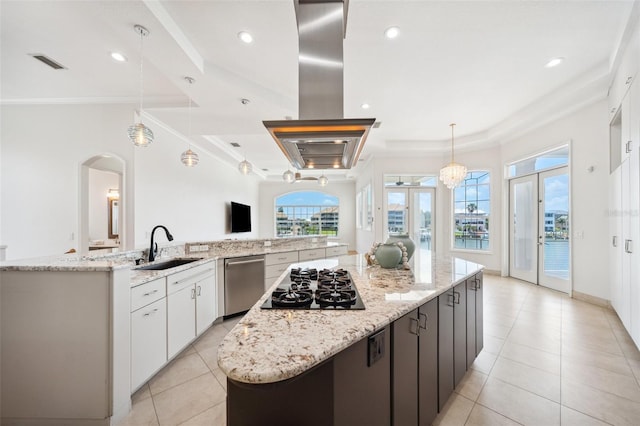 6202 Pasadena Point Blvd, Gulfport, FL 33707 - kitchen with a spacious island, dishwasher, black gas cooktop, a sink, and ornamental molding