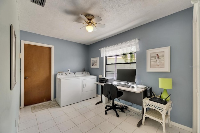 927 Golf Island Dr, Apollo Beach, FL 33572 - office area with separate washer and dryer, a ceiling fan, a textured ceiling, light tile patterned flooring, and baseboards