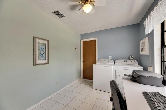 927 Golf Island Dr, Apollo Beach, FL 33572 - clothes washing area with independent washer and dryer, a ceiling fan, a desk, baseboards, and light tile patterned floors