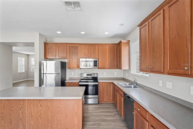 18837 Litzau Ln, Land O Lakes, FL 34638 - kitchen featuring stainless steel appliances, a sink, plenty of natural light, brown cabinets, and recessed lighting