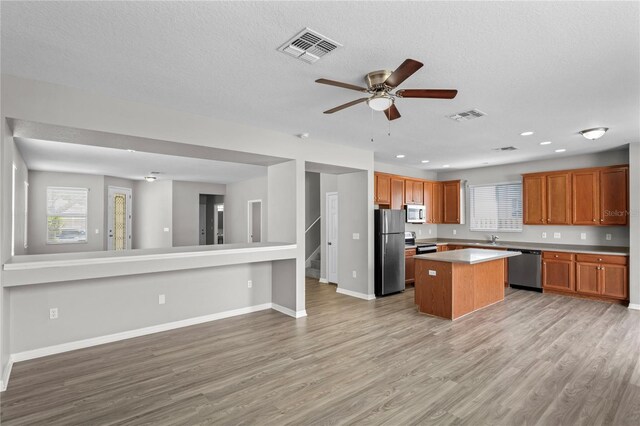 18837 Litzau Ln, Land O Lakes, FL 34638 - kitchen with appliances with stainless steel finishes, open floor plan, a kitchen island, light wood-style flooring, and recessed lighting