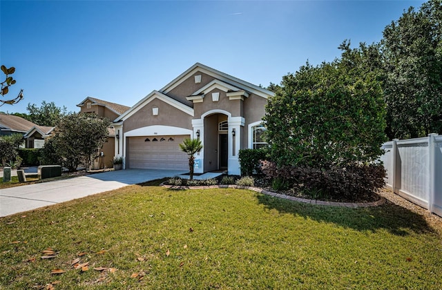 view of front facade featuring a garage, fence, a front lawn, concrete driveway, and stucco siding