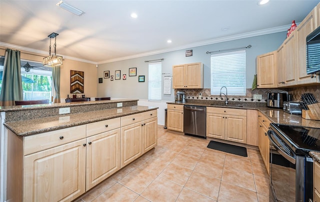 kitchen featuring a sink, light brown cabinets, black electric range, and dishwasher
