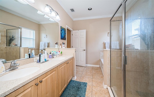 full bath featuring crown molding, a shower stall, a sink, and tile patterned flooring