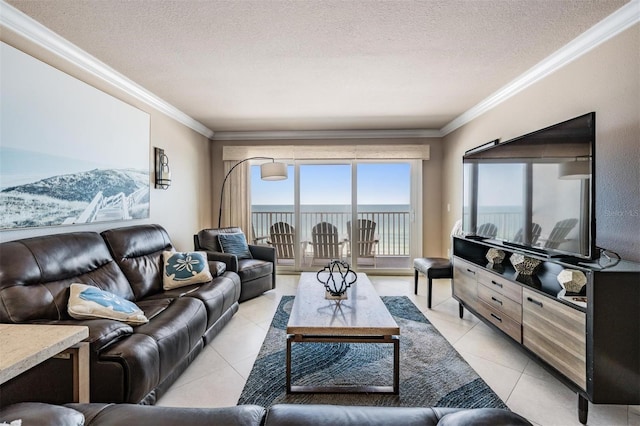 19418 Gulf Blvd Unit 507, Indian Shores, FL 33785 - living area featuring crown molding, a textured ceiling, and light tile patterned floors
