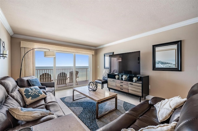 19418 Gulf Blvd Unit 507, Indian Shores, FL 33785 - living room with ornamental molding, light tile patterned floors, and a textured ceiling