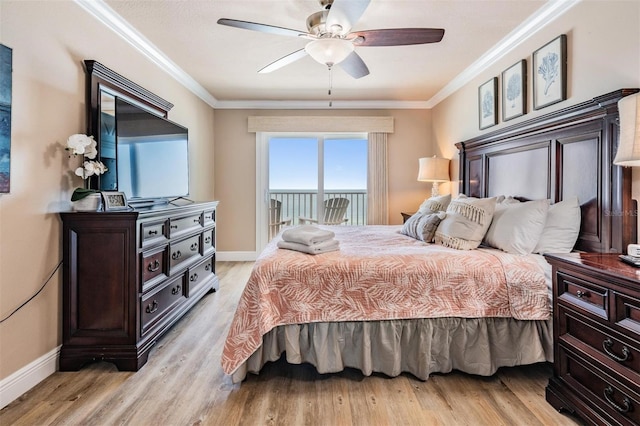 19418 Gulf Blvd Unit 507, Indian Shores, FL 33785 - bedroom featuring crown molding, light wood finished floors, ceiling fan, and access to exterior