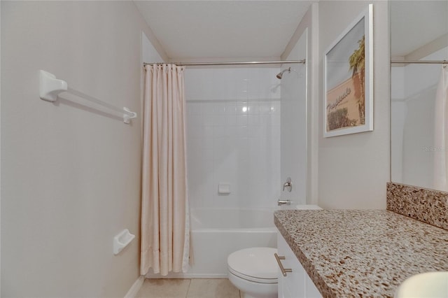 full bath with shower / bath combo with shower curtain, tile patterned floors, toilet, and vanity