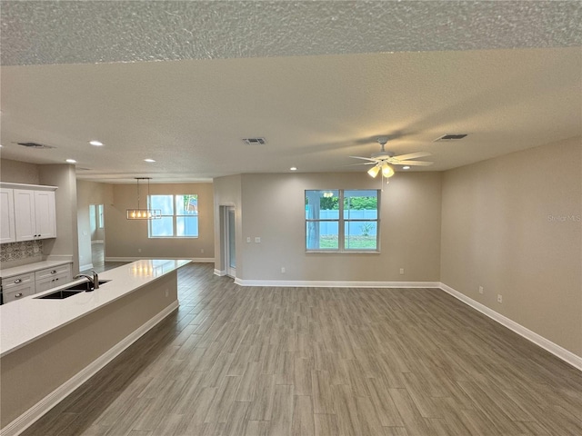 37565 Teri Ct, Dade City, FL 33525 - kitchen featuring wood finished floors, a sink, light countertops, white cabinets, and visible vents