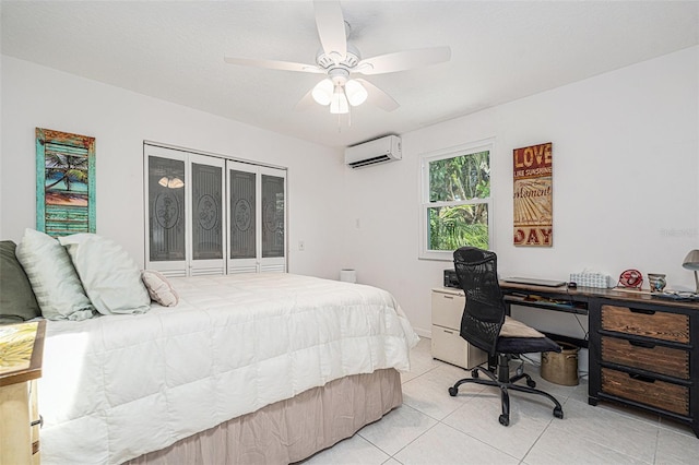 bedroom featuring a wall mounted air conditioner, a ceiling fan, and light tile patterned floors