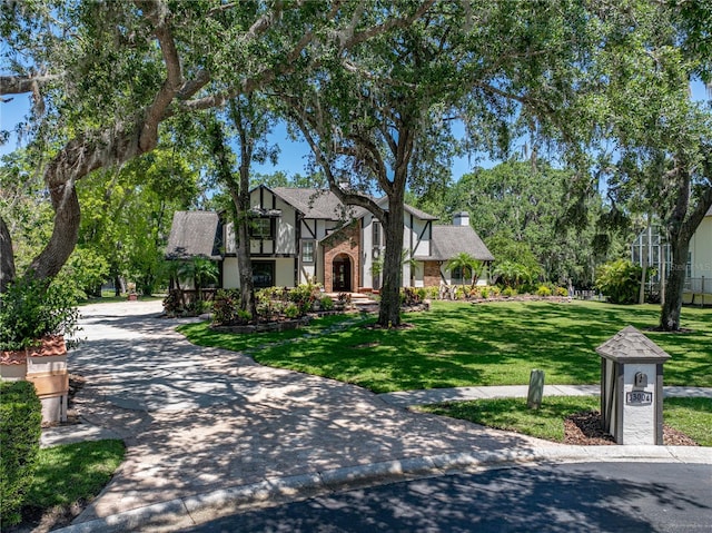 13004 Bell Creek Chase, Riverview, FL 33569 - tudor house with concrete driveway, a front lawn, a chimney, and stucco siding