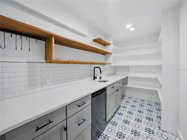 13004 Bell Creek Chase, Riverview, FL 33569 - kitchen featuring gray cabinets, decorative backsplash, open shelves, and a sink