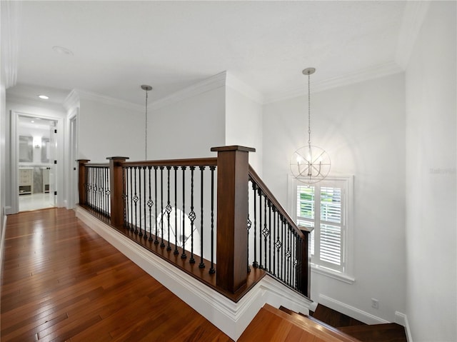 13004 Bell Creek Chase, Riverview, FL 33569 - staircase with hardwood / wood-style flooring, baseboards, a chandelier, and ornamental molding