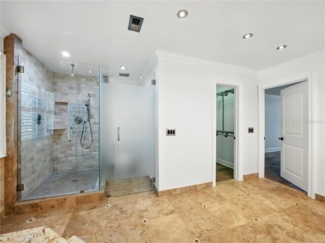 13004 Bell Creek Chase, Riverview, FL 33569 - full bathroom featuring baseboards, recessed lighting, a shower stall, and ornamental molding