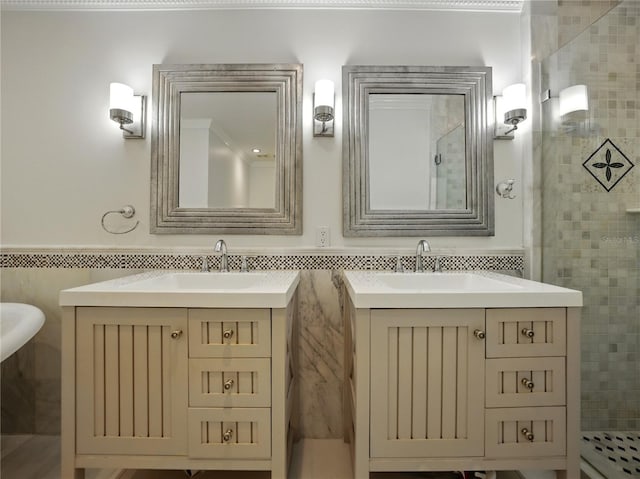 13004 Bell Creek Chase, Riverview, FL 33569 - full bath featuring tile walls, a wainscoted wall, a sink, and a stall shower