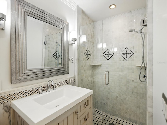 13004 Bell Creek Chase, Riverview, FL 33569 - full bath featuring recessed lighting, tile walls, vanity, and a stall shower