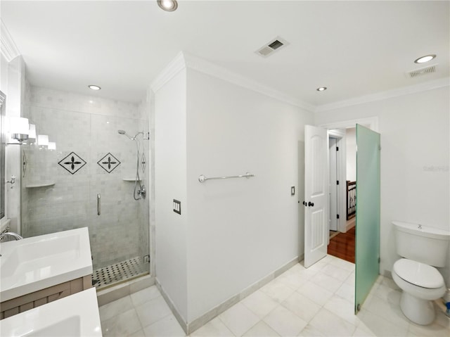 13004 Bell Creek Chase, Riverview, FL 33569 - bathroom featuring visible vents, a shower stall, ornamental molding, and toilet