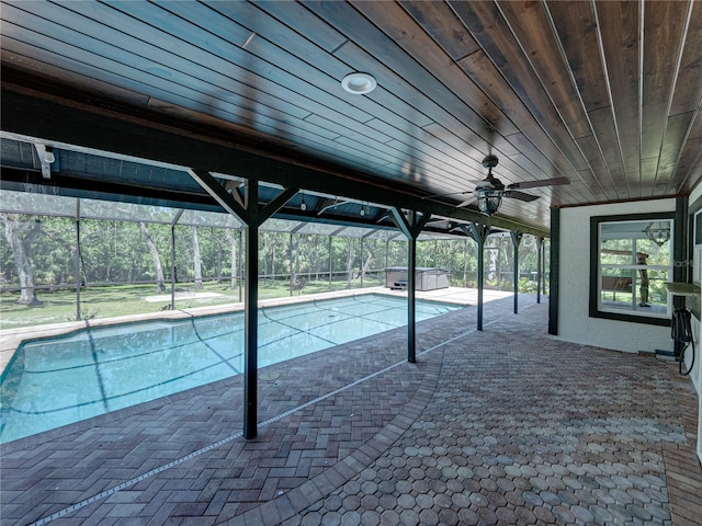 13004 Bell Creek Chase, Riverview, FL 33569 - pool with glass enclosure, a shed, ceiling fan, an outbuilding, and a patio