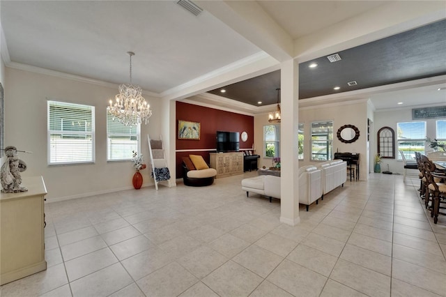 living area with visible vents, an inviting chandelier, and recessed lighting