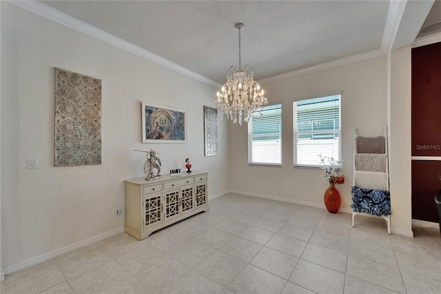 dining area with a notable chandelier, baseboards, ornamental molding, and light tile patterned floors