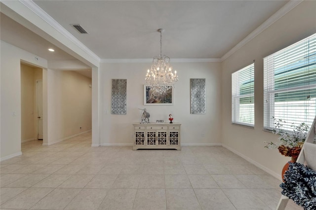 dining area featuring a notable chandelier, light tile patterned floors, baseboards, ornamental molding, and visible vents