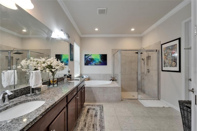 full bathroom with tile patterned floors, a sink, visible vents, and a stall shower
