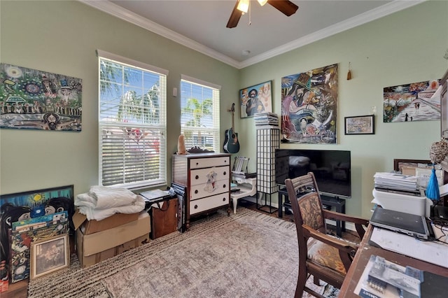 office space featuring ceiling fan, crown molding, and wood finished floors
