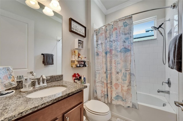 full bath with shower / bath combo with shower curtain, vanity, ornamental molding, and toilet