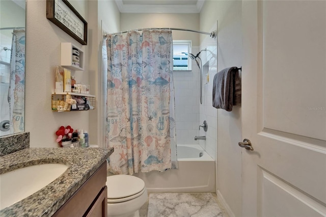 full bath with shower / tub combo, toilet, ornamental molding, and vanity