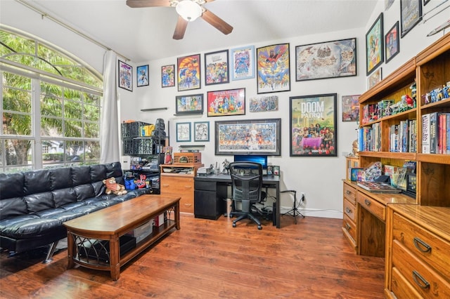 home office with baseboards, a ceiling fan, and wood finished floors