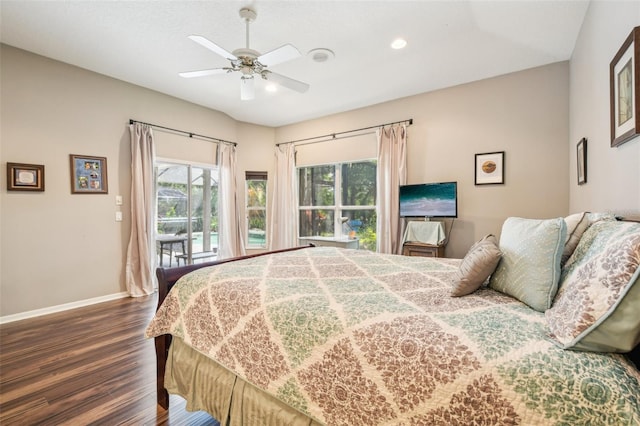 bedroom with recessed lighting, baseboards, multiple windows, and dark wood finished floors