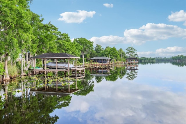 dock area with a water view and boat lift