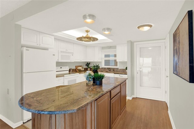 9 Haig Pl Unit 510, Dunedin, FL 34698 - kitchen with white appliances, a tray ceiling, baseboards, and light wood-style flooring