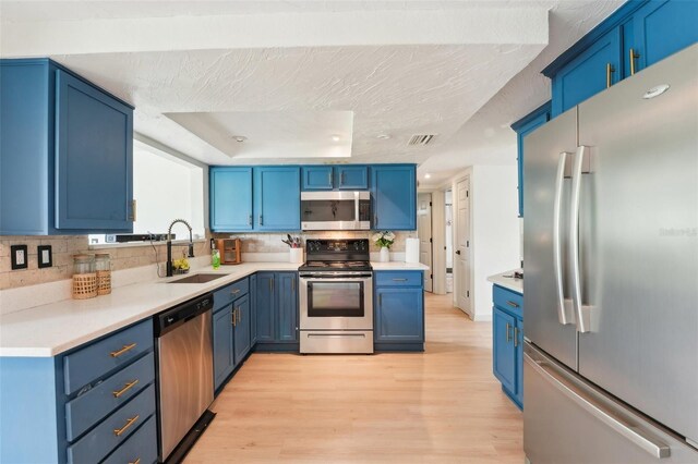 kitchen with blue cabinetry, a sink, decorative backsplash, light wood-style flooring, and appliances with stainless steel finishes