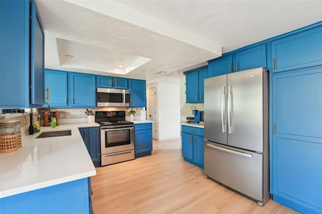 kitchen featuring a tray ceiling, stainless steel appliances, light wood-style flooring, blue cabinetry, and backsplash