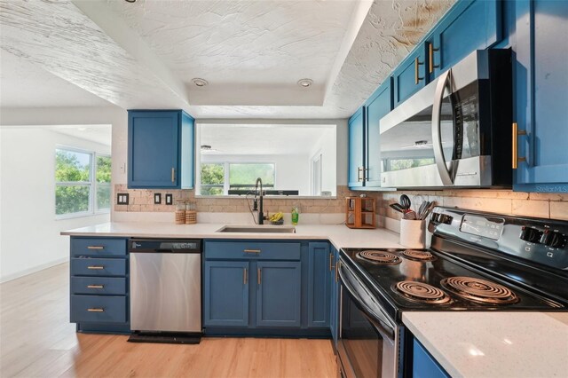 kitchen with blue cabinetry, stainless steel appliances, and a sink