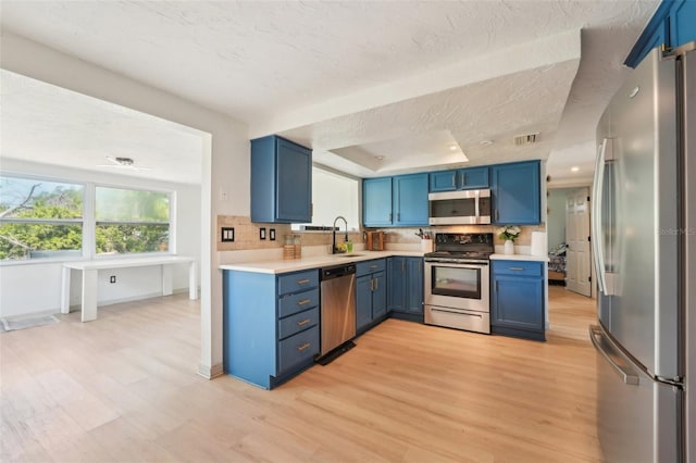 kitchen with stainless steel appliances, light countertops, visible vents, light wood-style flooring, and blue cabinetry