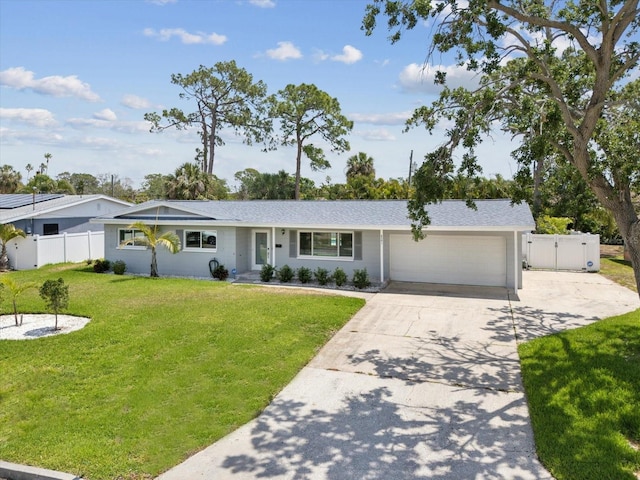 ranch-style home featuring a gate, a garage, concrete driveway, fence, and a front yard