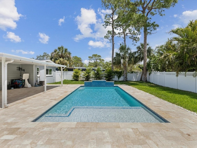 view of swimming pool with a patio area, a fenced in pool, and a fenced backyard