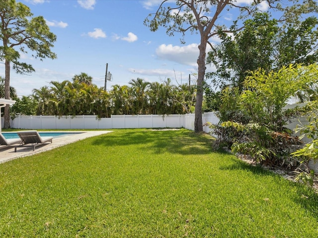 view of yard with a fenced in pool, a patio area, and a fenced backyard