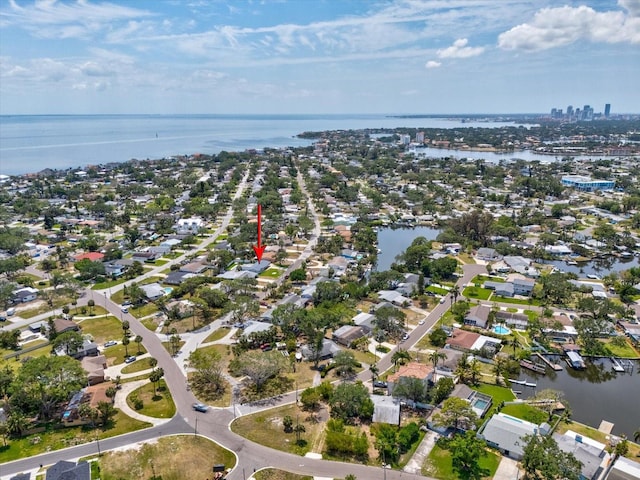 aerial view featuring a water view and a residential view