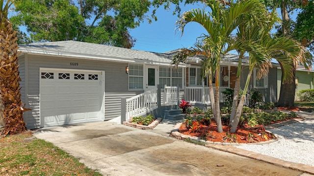 6609 Dartmouth Ave N, Saint Petersburg, FL 33710 - ranch-style home with concrete driveway, roof with shingles, covered porch, and a garage