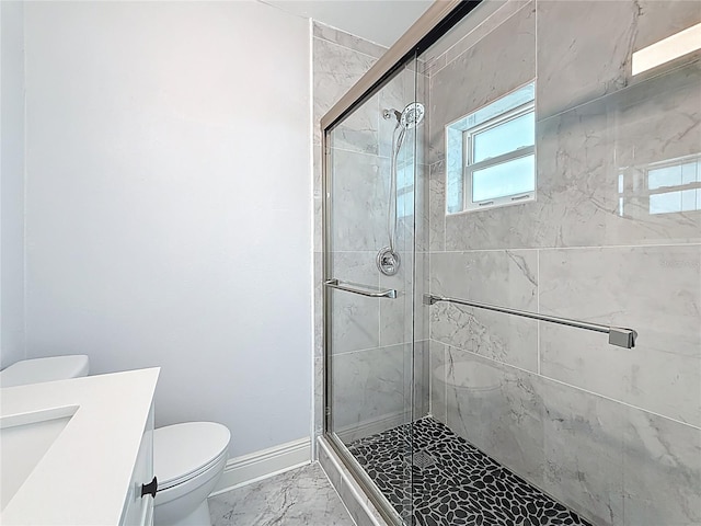 6609 Dartmouth Ave N, Saint Petersburg, FL 33710 - bathroom featuring a shower stall, vanity, marble finish floor, baseboards, and toilet
