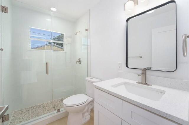 full bathroom featuring toilet, a shower stall, and vanity