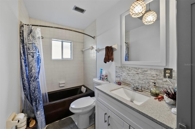 19254 Blount Rd, Lutz, FL 33558 - bathroom with vanity, shower / bathtub combination with curtain, toilet, and backsplash